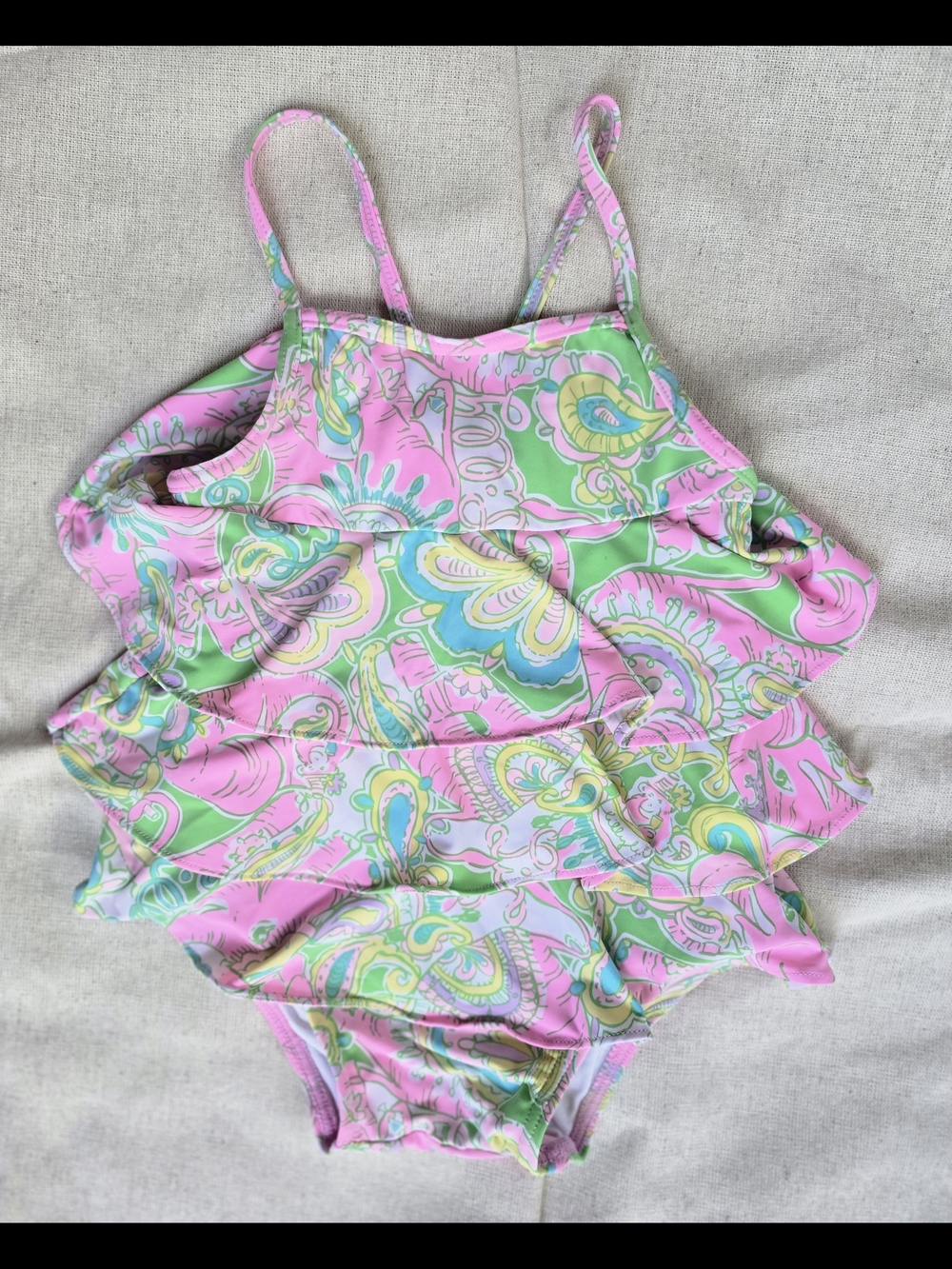 Lilly Pulitzer Pink, Green & Blue Paisley Ruffle Girl Swimsuit Infant 6-12 Month